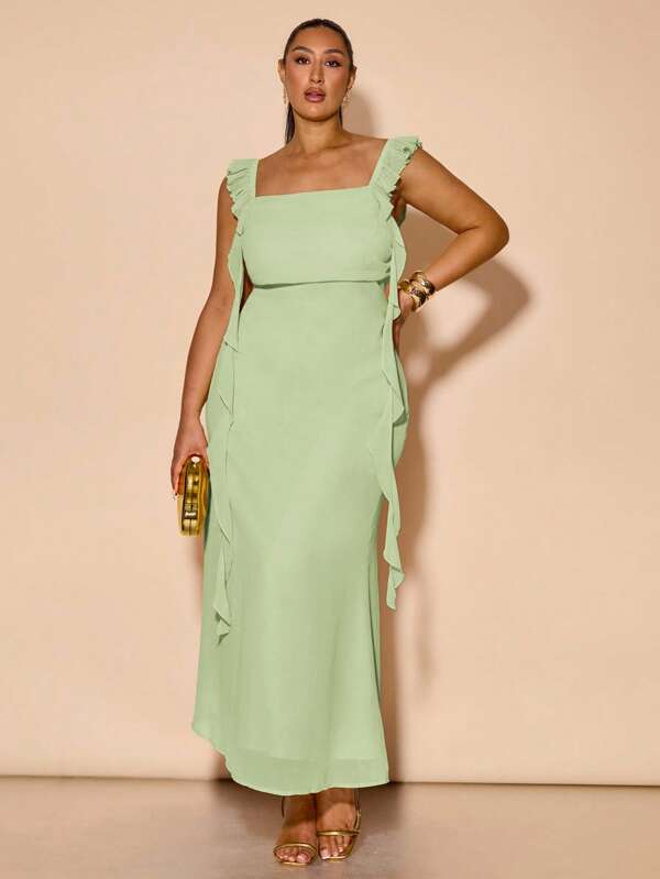 SHEIN BAE Große Größen Frühling Sommer, einfarbig, gelb, Rüschenbesatz, schmal geschnitten, langes Chiffon-Meerjungfrauenkleid, gelbes Kleid, formelles Kleid für Hochzeit, Brautjungfern, elegantes Kleid, buttergelbes/salbeigrünes Kleid für Damen/hellgrünes Kleid/Rüschenkleid/pastellgrünes Kleid