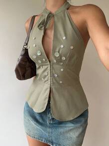 SHEIN EZwear 女士纯棉 Y2K 纯色贝壳纽扣设计吊带上衣，外出 - 橄欖綠 - 查看 4