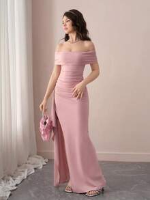 SHEIN Tween Girl Elegant Maxi Dress, Off Shoulder Ruffle Hem Fitted Long Party Dress, Pink Flower Girl Gown Off Shoulder Dress Asymmetrical Dress Christmas Dress - Pink - View 6