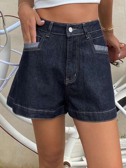 DAZY 女士休闲阔腿牛仔短裤，带口袋，撞色缝线，西部牛仔风格，夏季牛仔短裤