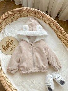 SHEIN Newborn Baby Girl Cute Versatile Pink Corduroy Hooded Jacket, Autumn/Winter Baby Bear Jacket Baby Hooded Cardigan Baby Girl Cute Sweater Jacket Winter Baby Girls Clothes Toddler Winter Jacket Fall