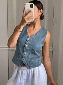 DAZY Blusa vaquera casual de cuello en V para mujer, otoño