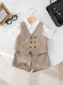 SHEIN 2pcs/Set Baby Boy/Girl Summer Casual Korean Style Khaki Double-Breasted Vest And Shorts Set, Suitable For Birthday Party, Evening Party, Performance, Wedding, Baby Shower, 1st Birthday Celebration Fall Winter