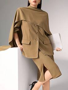 Heiryn Women's Fashion Single-Breasted Cape Blazer, Fall, Autumn, Office Wear Women - Khaki - View 2