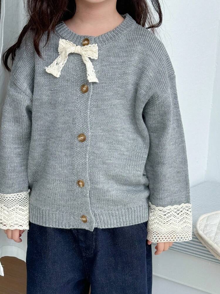 Young Girl Bowknot Decor Casual Cardigan With Dropped Shoulders Fall,Winter
