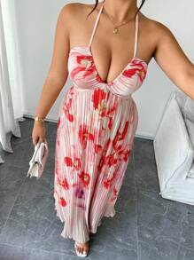 Elenzga Romantisches Maxikleid in Große Größen mit Aquarellmuster in Mehrfarbigkeit, Blumen-Muster, Spaghettiträgern, geraffter Büste, plissiertem Saum, eleganter Freizeitmode für den Urlaub - Verschiedenfarbig - Übersicht 7