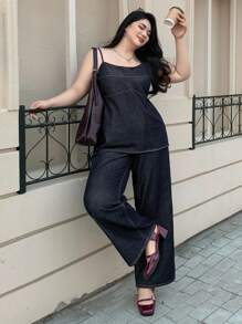 Dazy Plus 深洗蓝色宽松长款牛仔吊带背心上衣和阔腿牛仔裤两件套度假套装，夏季 - 深色水洗藍 - 查看 1