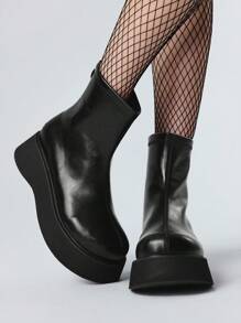 ROMWE Grunge Punk 女士休闲厚底切尔西踝靴，圆头弹性后拉链 2.0 英寸厚鞋跟，朋克英伦风格皮革厚底短靴，户外通勤靴 - 黑色 - 查看 1