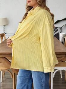 SHEIN CURVE+ Plus Size Women's Striped Printed Simple Daily Long Sleeved Shirt, Long Sleeved Top,Teacher Shirtsfall Clothes For Women,Winter,CURVE PLUS