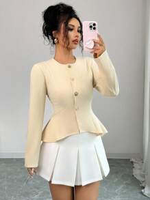 Elenzga Áo khoác vải họa tiết màu mơ vàng dài tay bất đối xứng, thắt eo thanh lịch dành cho nữ khi đi làm - Màu vàng - Xem 8