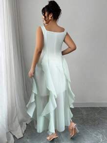 SHEIN Elenzya 大码女式方领无袖荷叶边腰中长连衣裙 - 綠色 - 查看 2