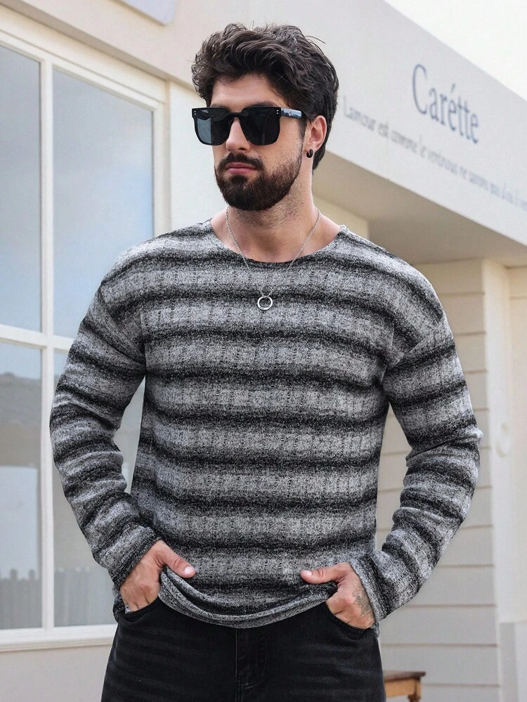 Men's Striped Textured Fabric T-Shirt, Spring/Autumn