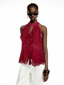 LYSMO 2025年新款深红色荷叶边雪纺露背上衣，搭配领带——波西米亚夏季风格 - 酒紅色 - 查看 6