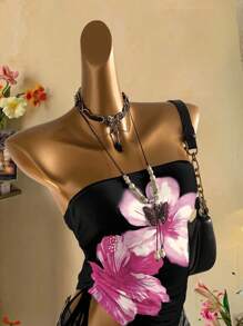 Attitoon 休闲简约粉色花卉图案女式褶饰前系带抹胸上衣，适合夏季 - 黑色 - 查看 6