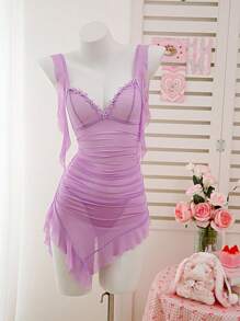 2pcs Set Minimalist Sexy Mesh Ruffle Asymmetrical Mini Dress, Going Out - Purple - View 6