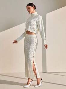 EURMUSE Set de femei cu pulover și fustă, tricotate în culori solide, cu guler înalt, cu detalii și nasturi