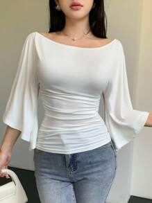 Celisse Camiseta de mujer de unicolor elegante, de punto, con mangas acampanadas y alta elasticidad