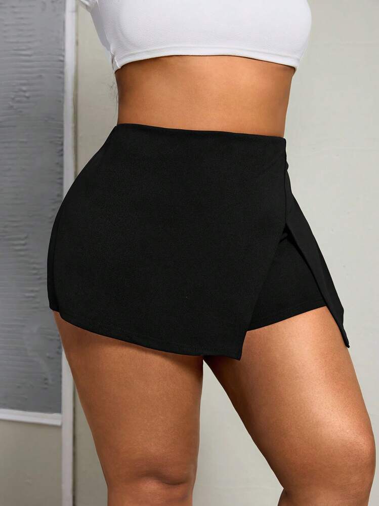 SHEIN PETITE CURVE Shorts casuales de unicolor para mujer de talla grande, primavera/verano - Negro - Añade 3