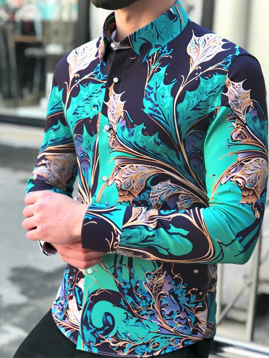 Calvornis 男士复古花卉图案印花长袖衬衫,适合春秋季节穿着,休闲舒适衬衫可作为礼物 - 彩色 - 查看 1