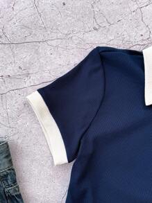 少女蓝白休闲个性撞色领罗纹针织纽扣修身连衣裙，夏季连衣裙，蝴蝶刺绣 - 藏蓝色 - 查看 5