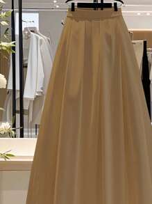 Franclia 女士纯色休闲通勤A字百褶裙，美拉德褶裥设计，适合春季大学校园穿着。 - 咖啡棕 - 查看 3