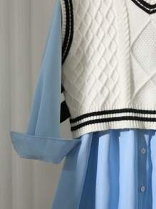 Set de vestido camisa informal y chaleco de punto para niñas, 2 piezas - Blanco - Ver 5