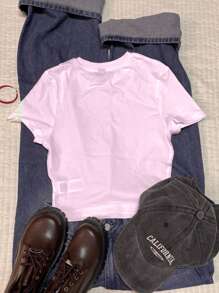 Attitoon T-shirt ajusté à col rond et manches courtes pour femmes, motif floral rose, convient pour l'été - Blanc - Voir 3