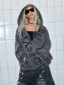 Paul Frank X ROMWE Casual Graphic Women Kpop Y2K Oversized Monkey Print Zip Up Hoodie - Grey - View 6