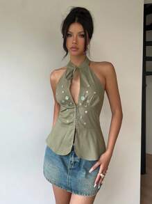 SHEIN EZwear 女士纯棉 Y2K 纯色贝壳纽扣设计吊带上衣，外出 - 橄欖綠 - 查看 6