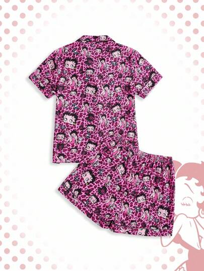 Betty Boop | ROMWE Ensemble pyjama femme d'été décontracté, haut à manches courtes et short imprimé léopard