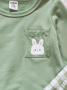 SHEIN Vintaside Kids 2 件女婴春秋兔子印花长袖 T 恤和格子休闲裤套装，时尚舒适 - 綠色 - 查看 7