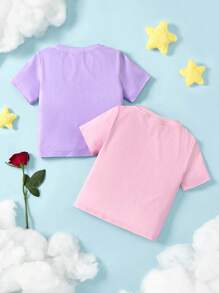 LE PETIT PRINCE X SHEIN 年轻女孩卡通图案可爱圆领短袖T恤 - 彩色 - 查看 2