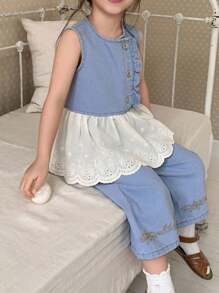 Dazy Kids 女童可爱牛仔荷叶边背心和裤子套装