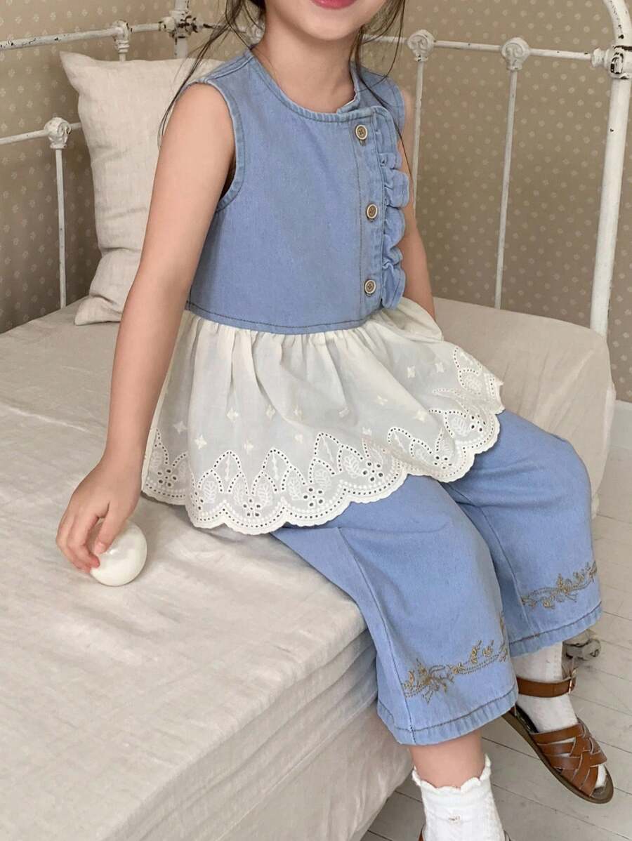 Dazy Kids 女童可爱牛仔荷叶边背心和裤子套装