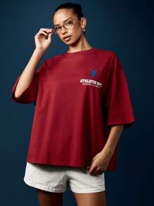 Missguided x Playboy 大學風寬鬆版型 T-Shirt 復古校隊標語街頭風休閒夏季上衣 芝加哥經典美式學院校園風 - 紅色 - 查看 2
