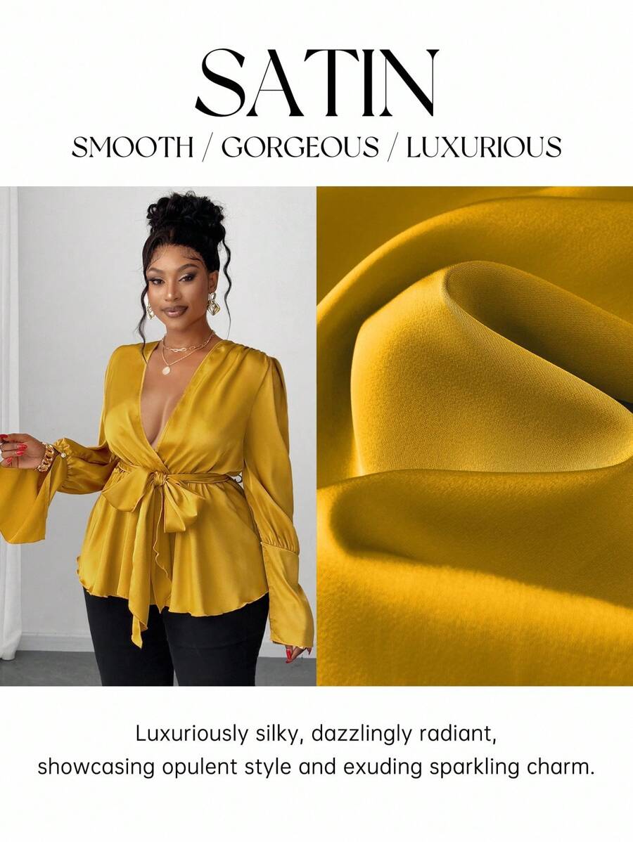Maweii Áo cánh quyến rũ, thanh lịch, cổ chữ V sâu, trang trọng, cỡ lớn, eo thắt chặt, gợi cảm - Màu vàng - Xem 1