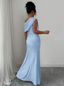 Elenzga 女士优雅时尚通勤休闲舒适迷人度假温柔淑女简约高端假日无袖斜肩收腰紧身侧开衩纯色长裙 - 藍色 - 查看 2