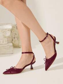 CUCCOO CHICEST 女士尖头缎带蝴蝶结细高跟中跟鞋，舒适浪漫优雅甜美浅粉色正装鞋，适合约会、下午茶、办公室、花园派对 - 中紫紅色 - 查看 2