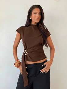 Aloruh Women's Stand Collar Coffee Color Metal Button Decor Office Shirt