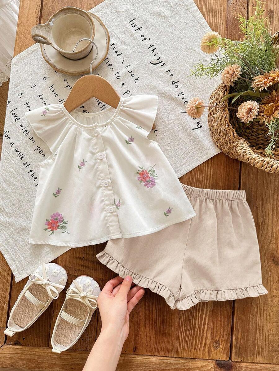 SHEIN LMoss Kids 新生女宝宝花卉刺绣短袖上衣和米色短裤套装，夏季女宝宝服装，女宝宝夏季两件套，复古风格花卉套装 - 彩色 - 查看 1