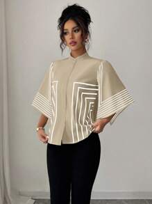 Elenzga 立领数码印花几何线条图案，不对称袖法式优雅衬衫，适合春夏度假 - 卡其色 - 查看 6