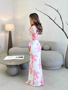 Jemour 浪漫约会之夜花卉印花褶皱女式长袖连衣裙 - 彩色 - 查看 4