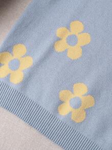 SHEIN 秋冬款女童花卉图案圆领长袖毛衣 - 霧霾藍 - 查看 9