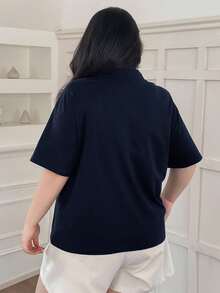 Dazy Plus Áo thun tay ngắn rộng rãi cổ bẻ màu trơn có khóa kéo, mùa hè - Màu xanh hải quân - Xem 2
