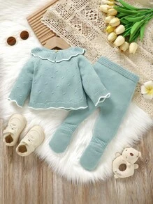 SHEIN 3 件绿色婴儿毛衣套装：彼得潘领长袖上衣 + 紧身裤 + 时尚帽子，新生儿休闲简约装 - 綠色 - 查看 2