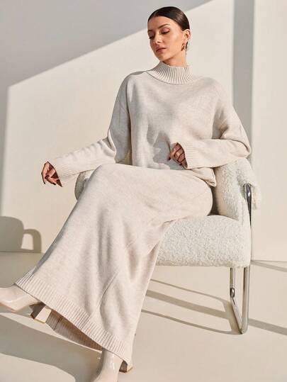 EURMUSE Women Relaxed Fit Turtle-Neck Sweater With Rib Knit Detailed And Straight Knit Skirt Set,Co Ord,Winter Clothes