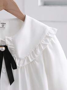 Elladie kids 1件少女彼得潘领泡泡袖衬衫，独特设计学院风上衣，秋冬返校季必备 - 白色 - 查看 5