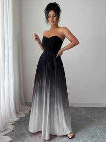 Elenzga Váy suông chữ A nhún eo thanh lịch lãng mạn màu gradient không dây cho nữ - Nhiều màu - Xem 4