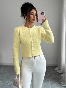 Elenzga Nuevo cárdigan corto de mujer de cuello redondo con diseño de botones, de color crema amarillento, suave y ajustado, de moda para citas y uso diario, para otoño/invierno - Amarillo - Ver 1