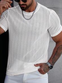 Manfinity Homme Men's Solid Color Crew Neck Short Sleeve T-Shirt, Minimalist & Fashionable, Suitable For Summer, Men Mesh Top Men T Shirts Casual Tops Mesh Men - White - View 6
